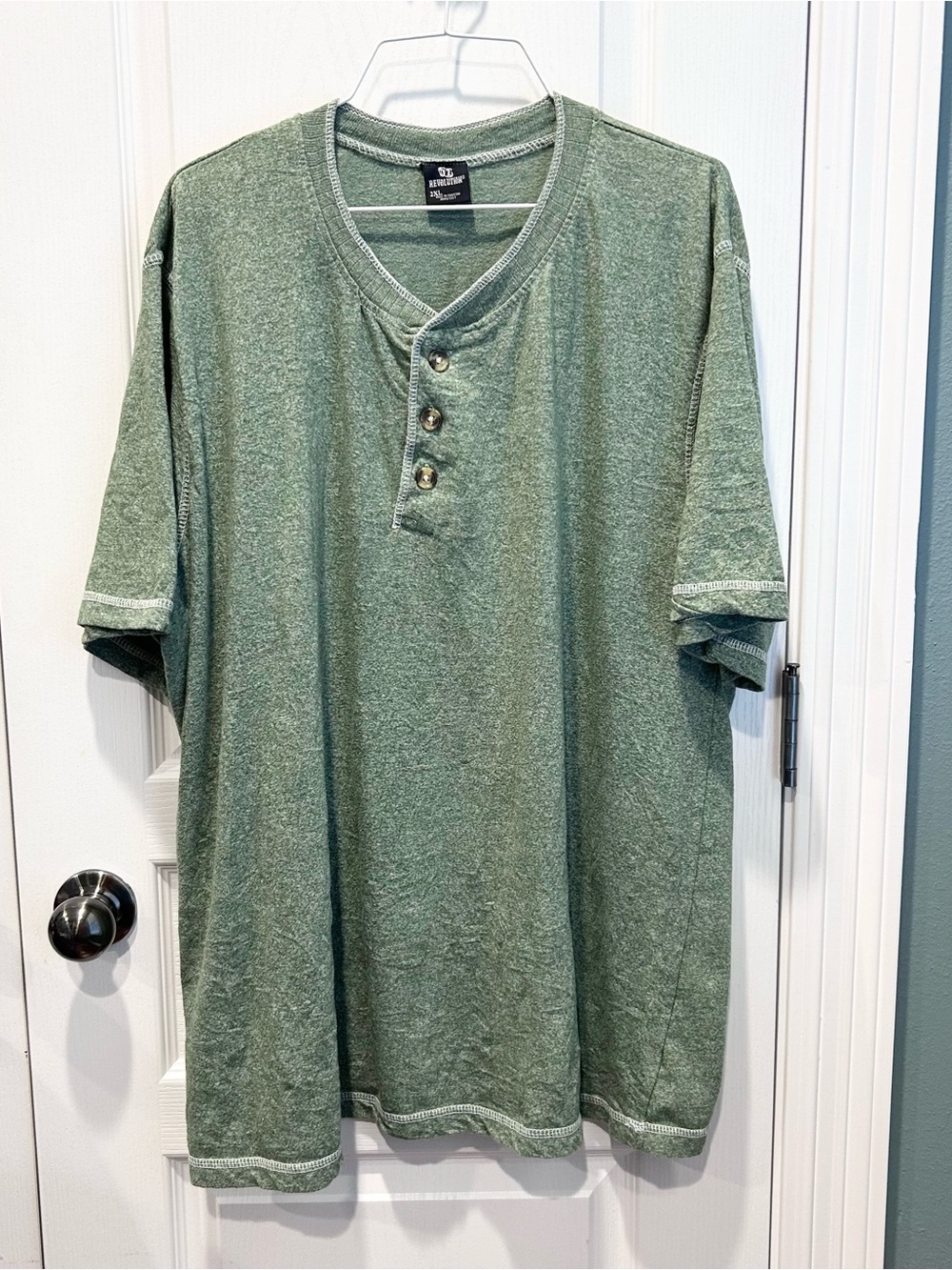 OT Revolution Shirt Mens 2XL Green Heathered Henley 3 Button Casual Short Sleeve
